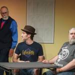 Allen Auxier, Tony Mika and Ian McEwen rehearse If Men Played Cards as Women Do at the Kenai Performers Theater near Soldotna, Alaska, on Saturday, Sept. 13, 2025. (Jake Dye/Peninsula Clarion)