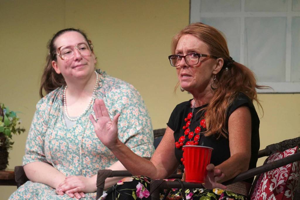 Heidi Hinz and Tracie Sanborn rehearse Savannah Sipping Society at the Kenai Performers Theater near Soldotna, Alaska, on Saturday, Sept. 13, 2025. (Jake Dye/Peninsula Clarion)