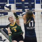 Sewards Lia Shank attacks against Soldotnas Rebekah Pieh on Thursday, Sept. 18, 2025, at Soldotna High School in Soldotna, Alaska. (Photo by Jeff Helminiak/Peninsula Clarion)