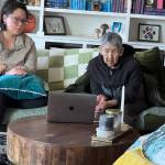 A still image from Mary Katzkes In the Wake of Justice Delayed (2025). Katzke describes this image as Billi Jean Miller and her mother watching the trial for Millers twin sister, Mingnuna Bobbi Jean Miller, virtually from Nome. Courtesy of Mary Katzke.