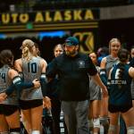 Soldotna Stars head coach Luke Baumer celebrates with the team during the state volleyball championship tournament in Anchorage during a game against the South Anchorage Wolverines on Nov. 14, 2025. Photo courtesy of Byron Corral/BC Media