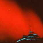 A rare red  aurora is seen over Alaska in February 1958. Photo courtesy of the University of Alaska Fairbanks Geophysical Institute