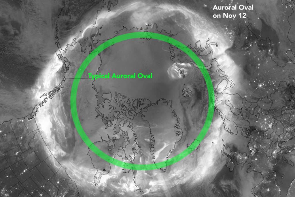 This mosaic image shows combined passes from NOAA 21, Suomi NPP and NOAA 20 satellites. All show the auroral oval during the geomagnetic storm of Nov. 11-12, 2025. Vincent Ledvina, a graduate student researcher at the UAF Geophysical Institute, added the typical auroral oval to the image before posting it to his Facebook page (Vincent Ledvina — The Aurora Guy). Image by National Oceanic and Atmospheric Administration and Vincent Ledvina.