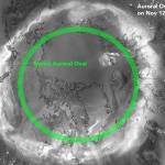 This mosaic image shows combined passes from NOAA 21, Suomi NPP and NOAA 20 satellites. All show the auroral oval during the geomagnetic storm of Nov. 11-12, 2025. Vincent Ledvina, a graduate student researcher at the UAF Geophysical Institute, added the typical auroral oval to the image before posting it to his Facebook page (Vincent Ledvina — The Aurora Guy). Image by National Oceanic and Atmospheric Administration and Vincent Ledvina.