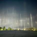 Cindy Bravo saw these light pillars in Fairbanks, Alaska, as she was walking her dog through Bernice Allridge Park on Nov. 11, 2025. Photo by Cindy Bravo.