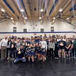 The SoHi junior varsity and varsity wrestling teams compete in the Battle for the Bird at Soldotna High School on Wednesday, Nov. 26<ins>, 2025</ins>. The Kenai Peninsula Athletics Sapphire dance team performed the halftime show. Photo courtesy Pete Dickinson