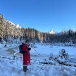 Kelby Randall makes the most of a rare sunny morning by going cross country skiing on the Herbert Glacier trail in Juneau<ins>, Alaska</ins> on Thursday, Dec. 11<ins>, 2025</ins>. (Chloe Anderson/Peninsula Clarion)