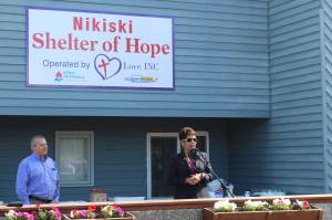 Cook Inlet Region, Inc. President and CEO Sophie Minich speaks during a ribbon cutting ceremony at the Nikiski Shelter of Hope on Friday, May 20, 2022 in Nikiski, Alaska. (Ashlyn OHara/Peninsula Clarion)