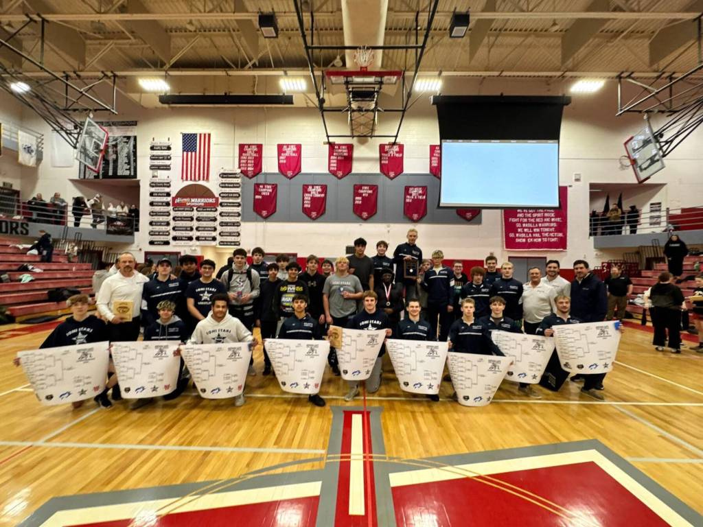 The Soldotna High School wrestling team is photographed after the Northern Lights regional conference in Wasilla<ins>, Alaska,</ins> on Saturday, Dec. 13<ins>, 2025</ins>. SoHi sent 33 boys and 11 girls to regionals. 22 boys and nine girls will compete in the Division I state tournament at the Alaska Airlines Center this weekend in Anchorage. Photo courtesy of Soldotna High School Athletics