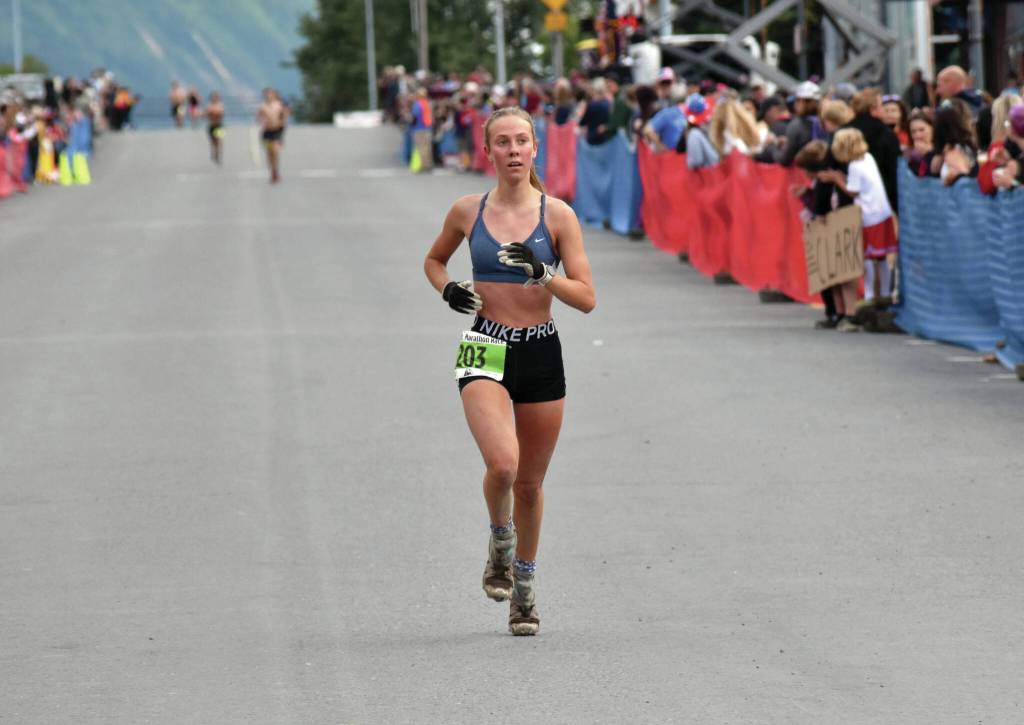 Photo by Jeff Helminiak/Peninsula Clarion Kenais Tania Boonstra, 17, finishes second in the junior girls race at the Mount Marathon Race on Friday, July 4, 2025, in Seward.