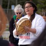 Kenaitze Indian Tribe chemical dependency councilor Jamie Ball performs during a candlelight vigil marking National Day of Awareness for Missing and Murdered Indigenous Women and Girls at the Raven Plaza, Ggugguyni Tuh, in front of the Denaina Wellness Center in Kenai, Alaska, on Monday, May 5, 2025. (Jake Dye/Peninsula Clarion)
