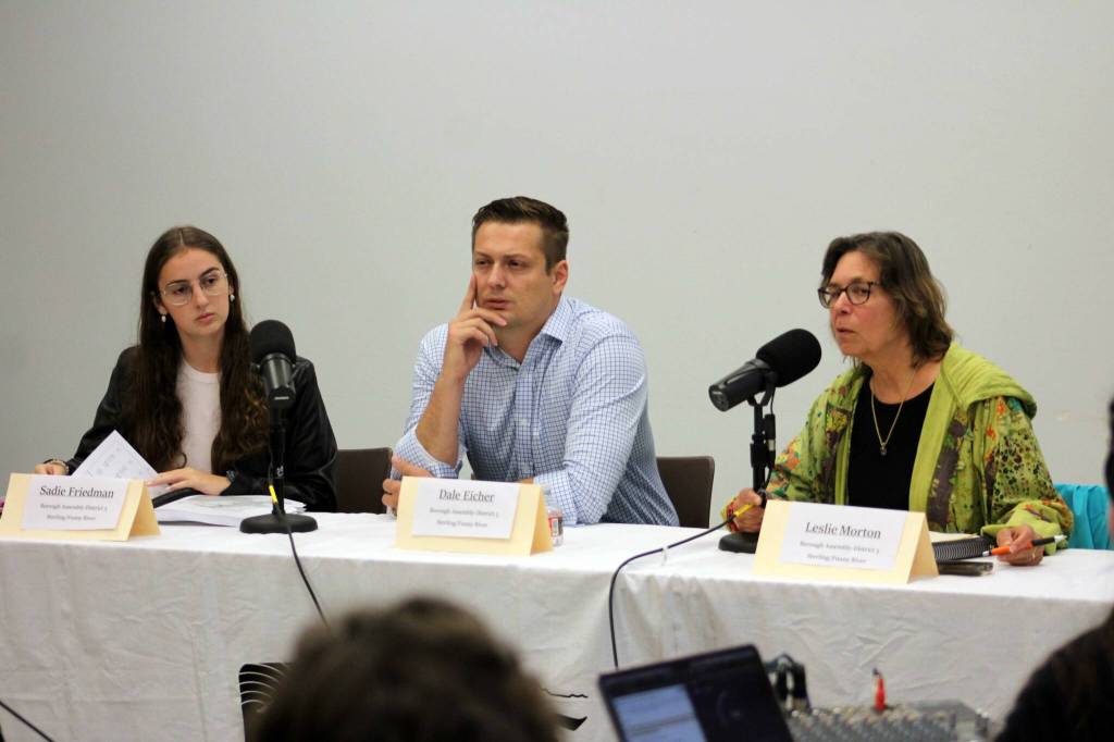 Sadie Friedman, Dale Eicher and Leslie Morton, candidates for the Kenai Peninsula Borough Assemblys Sterling and Funny River seat, participate in a candidate forum at the Soldotna Public Library on Thursday, Aug. 28, 2025. (Jake Dye/Peninsula Clarion)