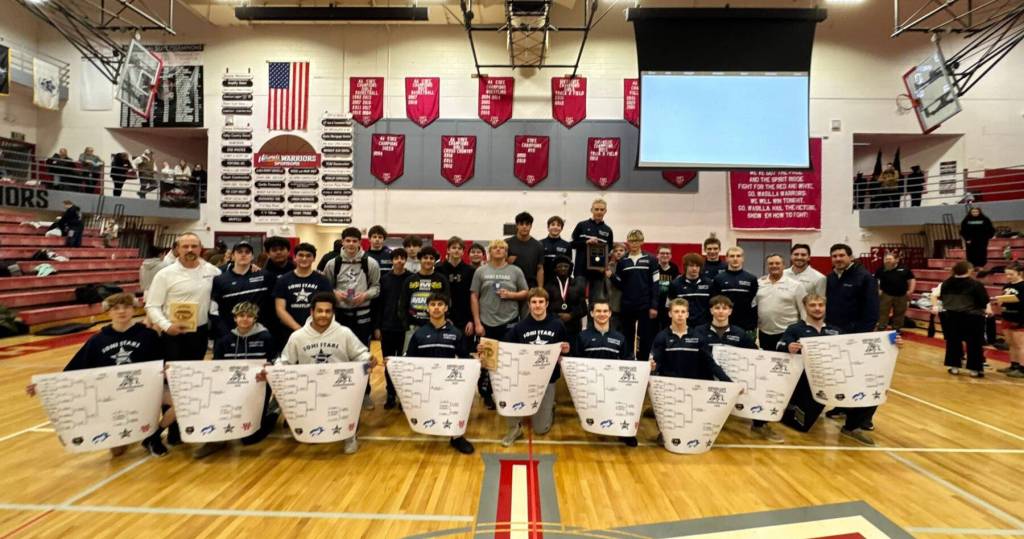 The Soldotna High School wrestling team is pictured after the Northern Lights regional conference in Wasilla, Alaska, on Saturday, Dec. 13, 2025. SoHi sent 33 boys and 11 girls to regionals. 22 boys and nine girls will compete in the state tournament at the Alaska Airlines Center this weekend. Photo courtesy of Soldotna High School Athletics