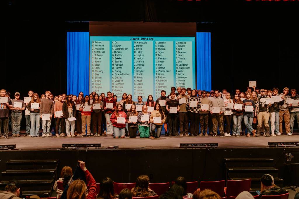 Juniors who earned honor roll distinction during the first semester of the 2025-2026 school year at Soldotna High School were recognized during an assembly in the schools auditorium on Jan. 14<ins>, 2026</ins>. Photo courtesy of Tabitha Blades/Soldotna High School