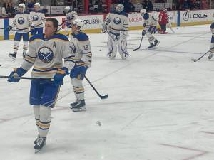 Six-foot-six Tage Thompson of the Buffalo Sabres possesses one of the fastest slap shots in the modern game. Photo courtesy Ned Rozell