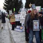 Demonstrators gather at WKFL Park in Homer, Alaska, on Saturday, Jan. 24, 2026, for the No Kings, No ICE protest organized by the Homer Women of Action. (Delcenia Cosman/Homer News)