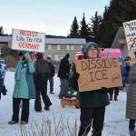 Demonstrators gather at WKFL Park in Homer, Alaska, on Saturday, Jan. 24, 2026, for the No Kings, No ICE protest organized by the Homer Women of Action. (Delcenia Cosman/Homer News)