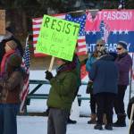 Demonstrators gather at WKFL Park in Homer, Alaska, on Saturday, Jan. 24, 2026, for the No Kings, No ICE protest organized by the Homer Women of Action. (Delcenia Cosman/Homer News)