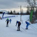 Soldotnas Ollie Dahl is chased by Homers Tait Ostrom and Johannes Bynagle and Soldotnas Michael Davidson during the 7.5-kilometer classic race on Saturday, Feb. 7 in Palmer, Alaska. Photo courtesy Jessie Goodrich